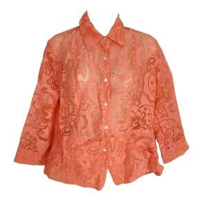 Vintage 90s Notations Petites Salmon pink sheer paisley button down blouse M
